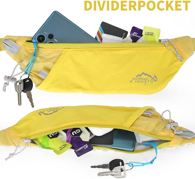 INOXTO Slim Running Belt Fanny Pack for Women and Men Sports Waist Bag Pack with 300ml Water Bottle for Running Walking Cycling Hiking Reflective Running Pouch Belt for All Phones (Yellow)