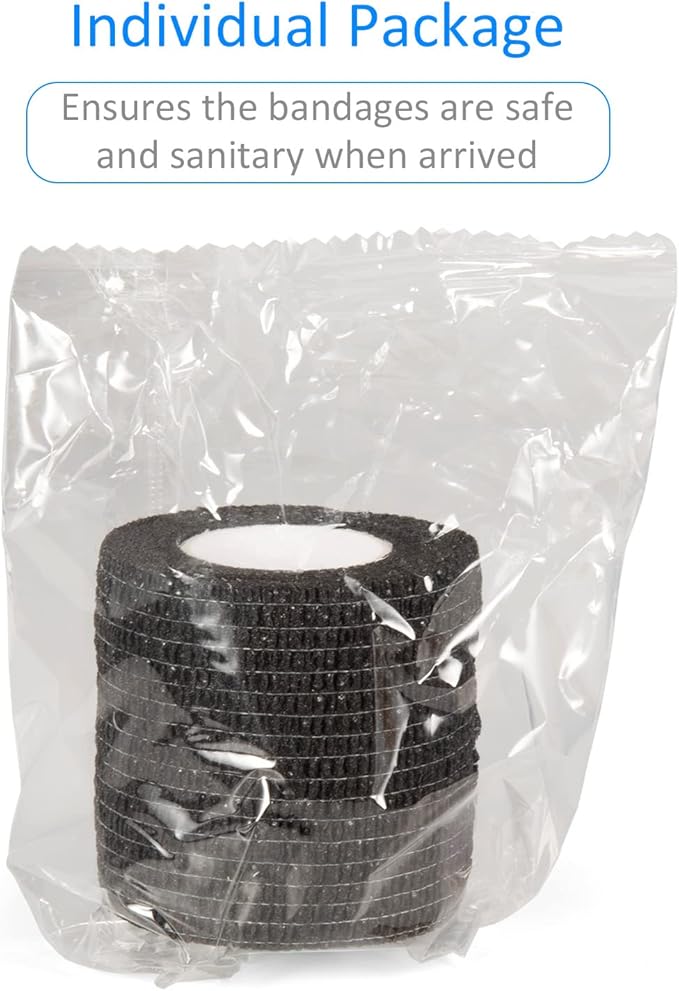 12 Pack Self Adhesive Bandage Wrap 2 Inches x 5 Yards Elastic Bandage Wrap Self Adherent Cohesive Tape Bandages for Wrist Ankle Vet Wrap for Dogs Swelling Sprains Athletic Tape Grip Cover (Black)