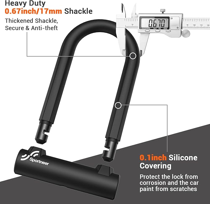Sportneer Bike Lock - 17mm Shackle Heavy Duty Anti Theft Bike U Lock with 2 Keys - Bicycle U-Locks with Sturdy Mounting Bracket for Road, Mountain, Electric & Folding Bike, Size 7.76''x5.02''