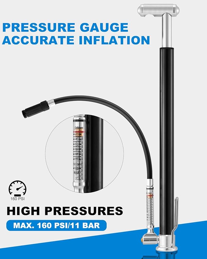 JULAI Mini Bike Floor Pump with Gauge, Portable Hand Pump - Bicycle Frame Inflator with Ball Needle - Fits Presta & Schrader Valves - Lightweight for Road Mountain & BMX Bikes - High Pressure 160 PSI