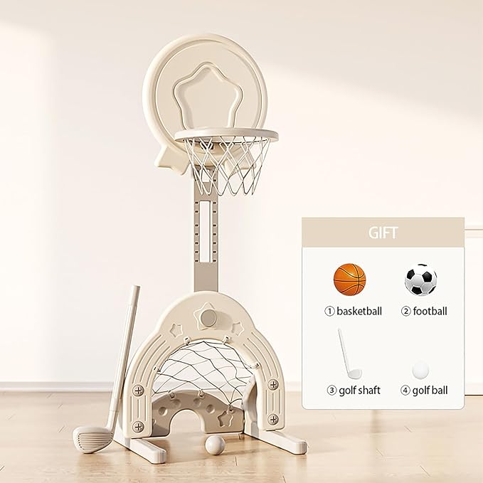 Toddler Basketball Hoop Set with 3 Balls, Adjustable Basketball Hoop Set Indoor Outdoor for Kids 1-3, Toddler Sports Activity Center, Portable Basketball Soccer Golf Game Set, Birthday Gift Grey