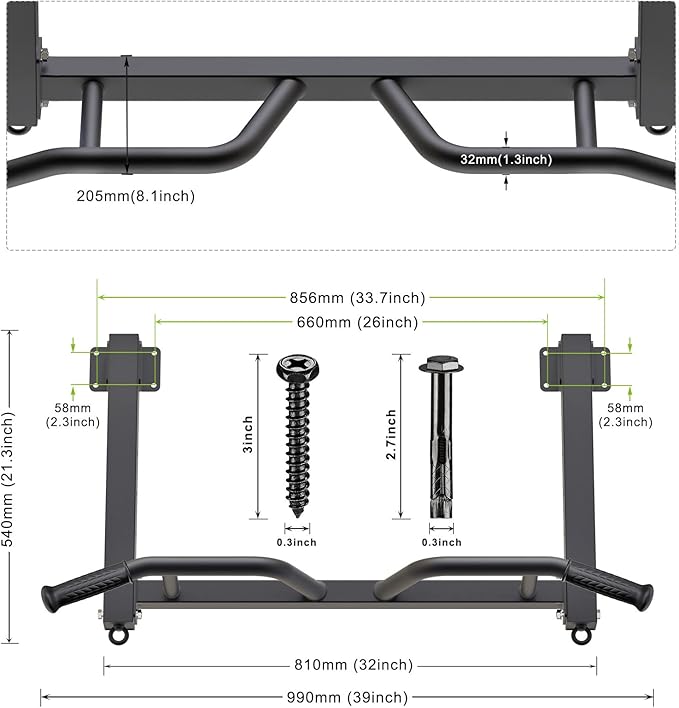 Kipika 32" Ceiling Mounted Pull Up Bar - Heavy Duty, Highly Adjustable, Multifunctional Chin Up Bar - Home Gym System with Punching Bag Hanger and Resistance Bands Training