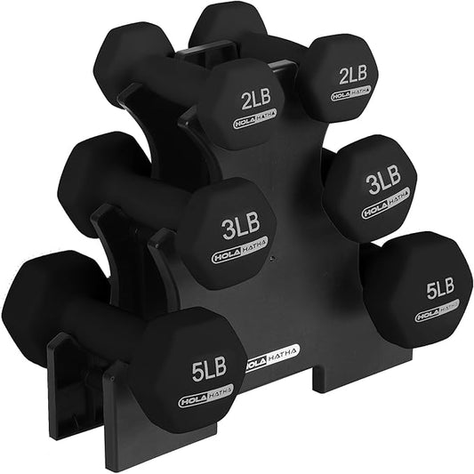 HolaHatha 2, 3, 5, 8, and 10 Pound Neoprene Dumbbell Free Hand Weight Set with Rack, Ideal for Home Exercises to Gain Tone and Definition, Pastel