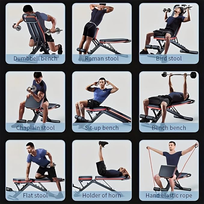 Adjustable Roman Chair for Home Gym – Foldable Back Extension Bench for Core, Hip & Lower Back Workout – Multi-Functional Hyperextension Bench with Tension Rope for Full-Body Exercise