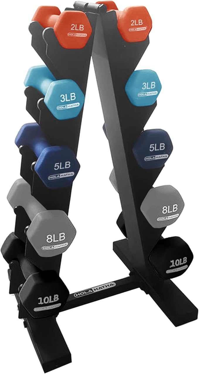 HolaHatha 2, 3, 5, 8, and 10 Pound Neoprene Dumbbell Free Hand Weight Set with Rack, Ideal for Home Exercises to Gain Tone and Definition, Pastel