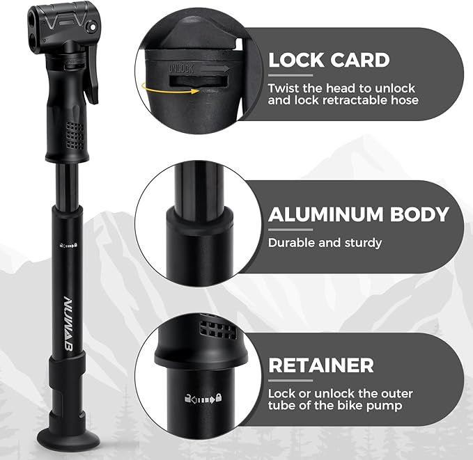 NUWAB Mini Bike Pump, 10 Inch Portable Hand Bicycle Pump, 100PSI, Support Shrader and Presta, Fast Air Out Ball Pump, Work with All Bikes and Balls, Swimming Ring, Come with Ball Needles, Nozzles