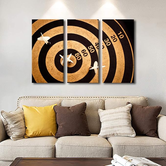 TUMOVO Dart Board Canvas Wall Art Sports Theme Paintings Black and White Wall Art 3 Panel Dart Hits the Bullseye Pictures Artwork for Home Club Walls Stretched and Framed Ready to Hang(24" Wx36 H)