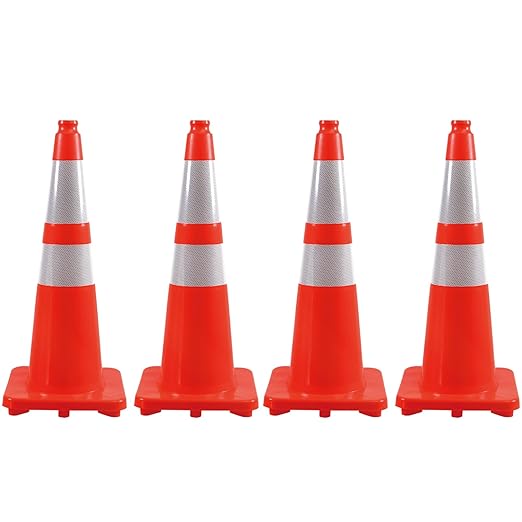 4 Pack 28" Traffic Cones – Durable Orange PVC Safety Cones with Reflective Collars for Parking, Construction, Roadwork & Driving Practice