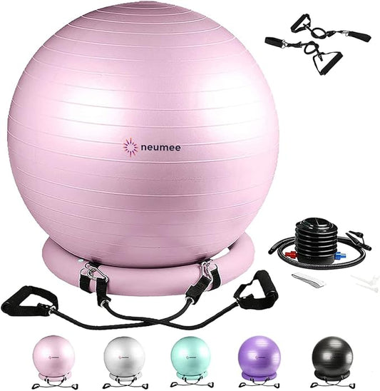Exercise Ball Chair with Resistance Bands, Yoga Ball Office Chair with Stability Base for Home Gym, Workout Ball for Fitness, Large Size 65 cm