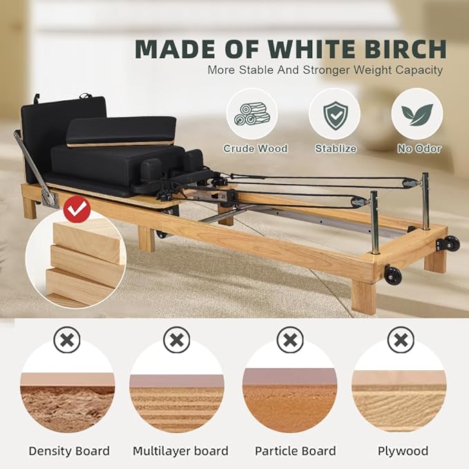 Pilates Reformer- Foldable Wood Yoga Exercise Machine Fitness Equipment with Reformer Box Jump Board Foot Strap, Durable and Quiet, Pilates Equipment up to 600 lbs Weight Capacity