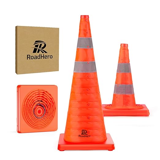 RoadHero 28 Inch 1 Pack Collapsible Traffic Safety Cones, Multi Purpose Pop-up Cones with Reflective Collar for Road Safety, Orange Cones for Driving Training, Parking Lots