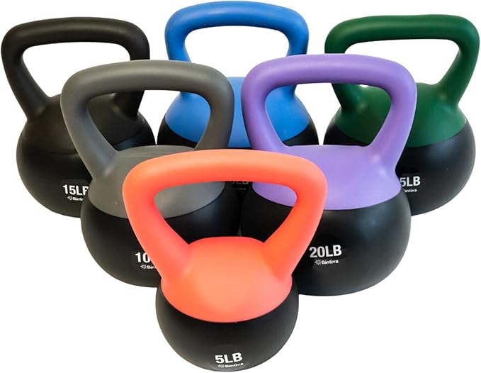 bintiva Soft Kettlebells - Sea and Iron Sand Filled Weights for Women and Men - Color Coded Kettle Bell Sets