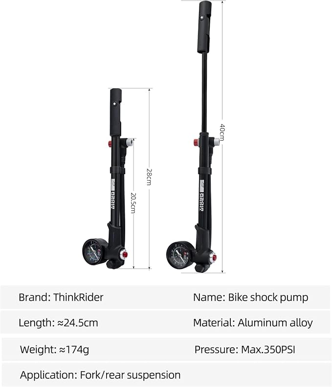 ThinkRider Shock Pump for Mountain Bike, High Pressure 350 Psi for Front Fork and Rear Bicycle Suspension Air Pump with Gauge Fits Schrader & Presta Tire Valve