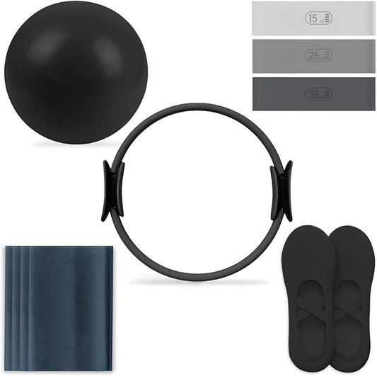Pilates Essential Kit - Home Pilates Equipment Set - with Toning Pilates Ring & Long Resistance Bands & 3 Level Pilates Loop Bands & Soft Pilates Ball & Pilates Grip Socks