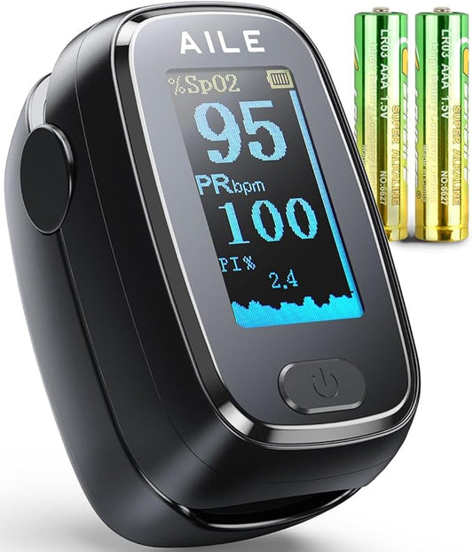 Pulse Oximeter with Fingertip Oxygen Meter : AILE Compact Fingertip Pulse Oximeter - Blood Oxygen/Heart Rate Monitor - 4 Color Screen Display - Including 2AAA Batteries for Athletic & Home (Black)