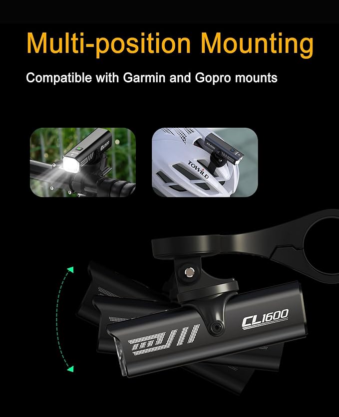 TOWILD Bike Lights for Night Riding,Compatible with Garmin/GoPro Mount,600 Lumen Bike Headlight,2000mAh Rechargeable Battery,Waterproof Bike Front Light for Commuter Cyclists-Fits All Bikes
