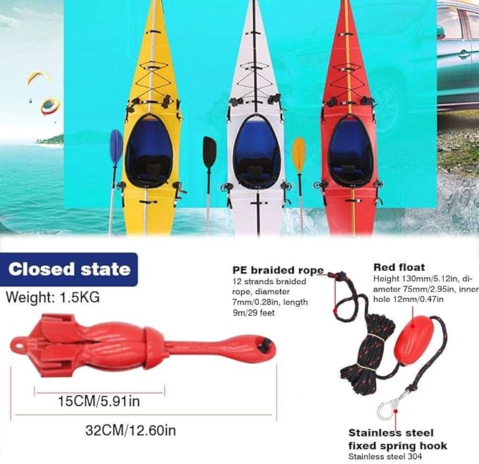 ISURE MARINE Kayak Anchor Kits Portable Folding Grapnel Anchor Buoy Kit Canoe Kayak Raft Boat Sailboat Fishing 3.5 lbs Marine Rope for Small Boats, Kayaks Jet Ski (Red or Green)