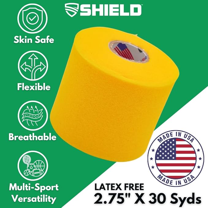 Shield Athletic Underwrap | Bulk Case of 48 Rolls of PreWrap, Hair Tie, Headband, Patellar Support, Pre-Wrap Athletic Tape, 2.75" X 30 SYards, Foam Barrier, Flexible, Breathable (Yellow)