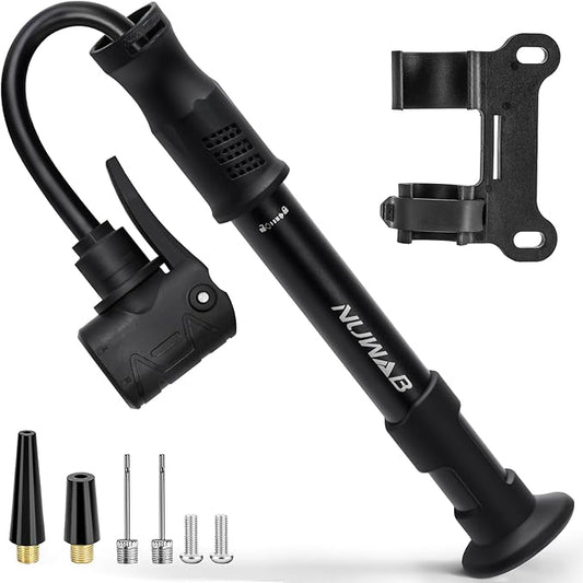 NUWAB Mini Bike Pump, 10 Inch Portable Hand Bicycle Pump, 100PSI, Support Shrader and Presta, Fast Air Out Ball Pump, Work with All Bikes and Balls, Swimming Ring, Come with Ball Needles, Nozzles