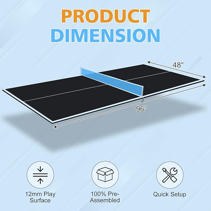 7/8/9ft Mid-Size Ping Pong Conversion Top with Net Set for Billiard and Pool Tables - Regulation Top Converts Billiards into Ping Pong Table Blue/Green/Black