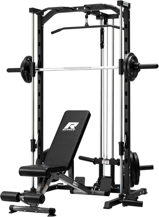 RitFit Smith Machine Power Rack with LAT-Pull Down System, Landmine, Barbell Bar, Plate Storage Pegs and More Training Attachment