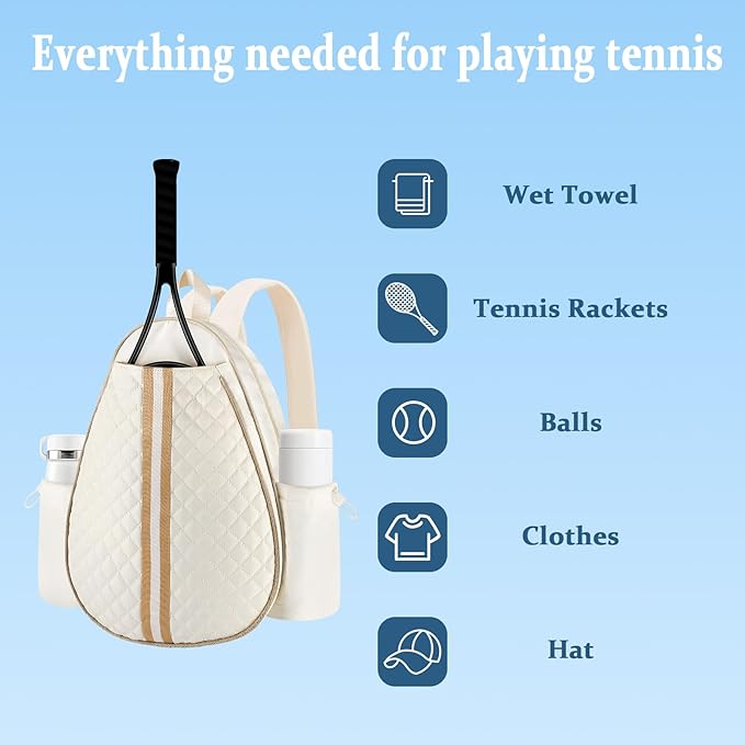 Tennis Bags for Women Quilted Large Tennis Sling Bag Crossbody Backpack Holds 2 Rackets Water Resistant Racket Bag Cover One Shoulder Pickleball Bags for Badminton Racquet Racketball (White)