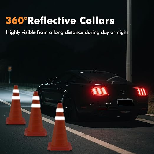 18 Inch 3 Pack Collapsible Traffic Safety Cones, Orange Cones with Reflective Collar, Portable Multipurpose Traffic Cones for Parking Construction Driving Training Sports Practice