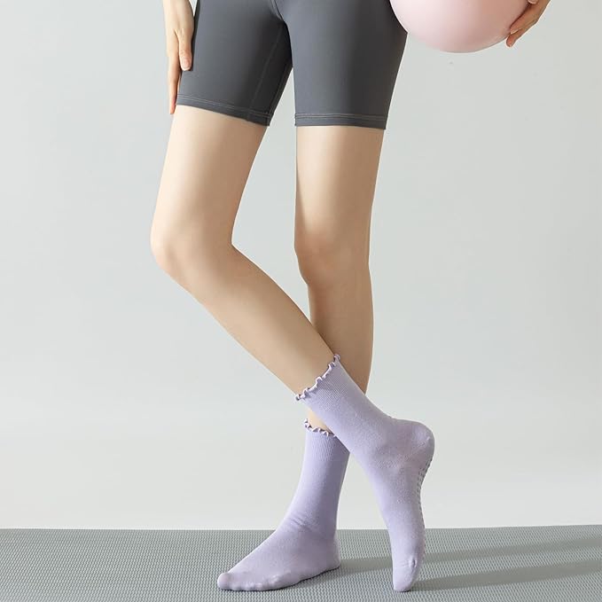 3 Pairs Pilates Socks with Grips Non Slip Ruffle Yoga Grip Socks for Women