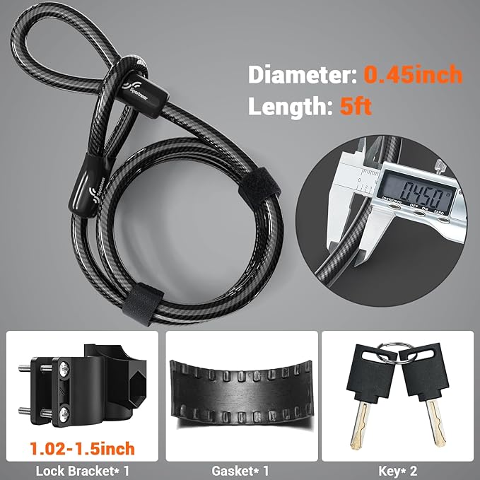 Sportneer Bike Lock - Heavy Duty Anti Theft Bike U Lock with 5ft Security Steel Cable - 17mm Shackle Bicycle U-Locks with Keys & Sturdy Mounting Bracket for Road, Mountain, Electric Bike, Grey