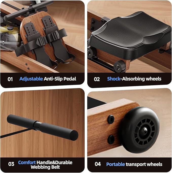 Water Rowing Machine for Home, Foldable Rower Machines with Comfortable Seat and Quick-Folding Design, Wooden Water Rower with 350LBS Weight Capacity