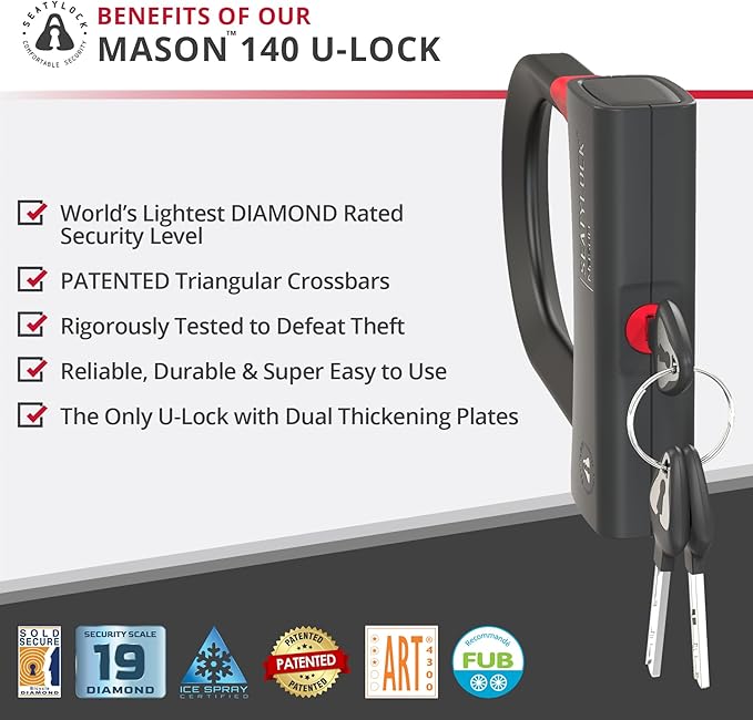 Seatylock Mason Bike U Lock - Patented Heavy Duty Anti Theft Diamond Secure ULock - Ultra Security Bicycle Safety Tool with Keys for City Electric or Mountain Bikes and Scooters