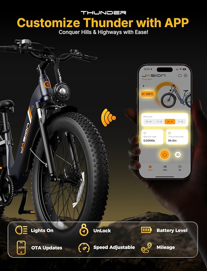 Jasion Thunder Electric Bike, 30+MPH 1500W Peak Motor E Bikes, 80Miles Range with 864Wh Battery, Hydraulic Disc Brakes, Front Suspension, 26'' x 4'' Fat Tire Adults Electric Bicycles, APP Control