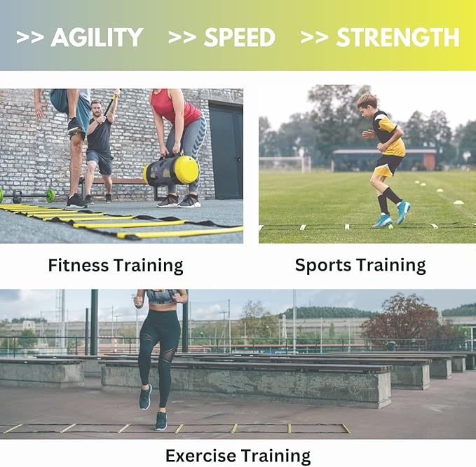 DELUXE EDITION Agility Ladder Training Set - 13 Rung 21ft Agility Ladder w/13 Disc Cones, Carry Bag - Improve Speed & Strength Soccer, Football, Basketball w/4 Steel Pegs for Outdoor Workout Charts