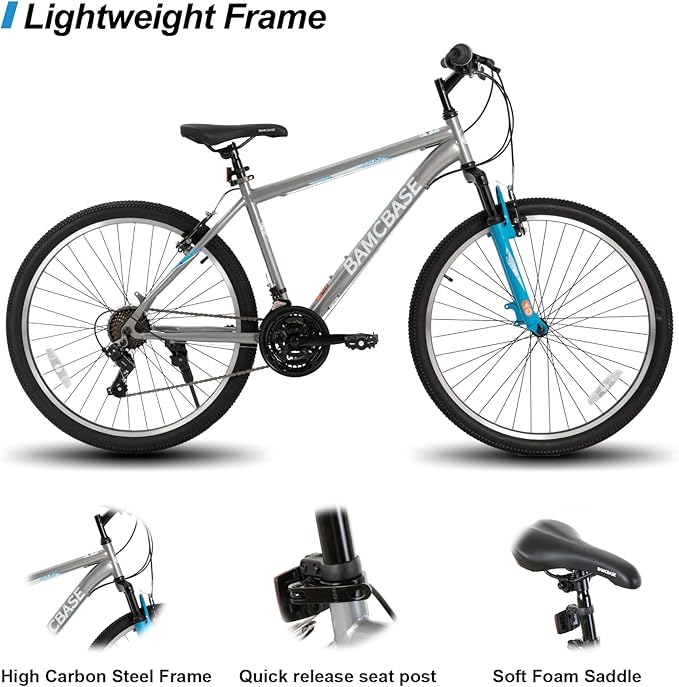 HILAND 26 27.5 29 Inch Mountain Bike, Mens and Womens MTB with 21 Speeds, High-Tensile Steel Frame, V Brake, Hardtail Bicycle for Adults