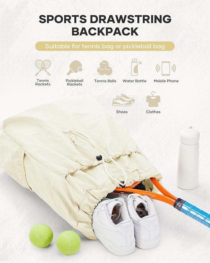 Tennis Racket Bag for Women, Waterproof Tennis Badminton Backpack 2 Racquets, Drawstring Racket Case for Ball Paddles