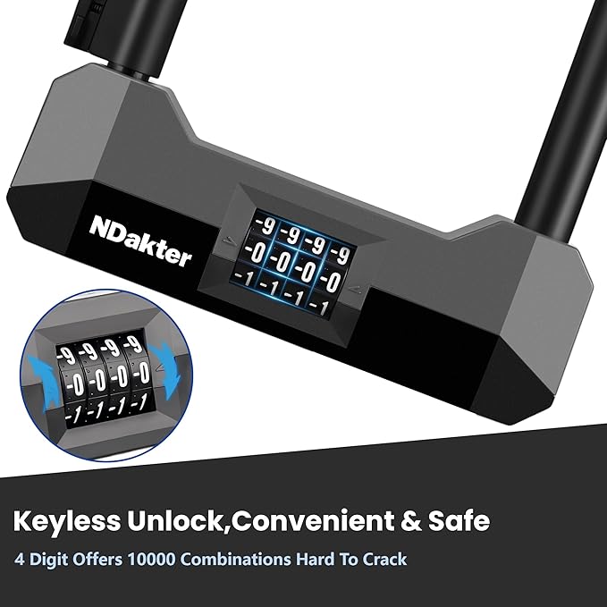NDakter Bike Locks Heavy Duty Anti Theft,18mm Bicycle Combo U Lock with 5FT Cable, 4-Digit Resettable Combination Electric Scooter Lock with 2Keys and Bracket for Tricycle, Moped, Motorcycle(Gray)