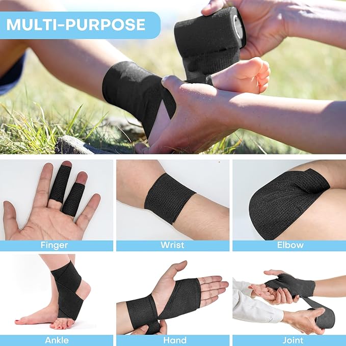 48 Pack 2” x 5 Yards Self Adhesive Bandage Wrap, Elastic Breathable Cohesive Bandage Wrap Athletic Stretch Tape for Wrist Ankle Sports (Black)