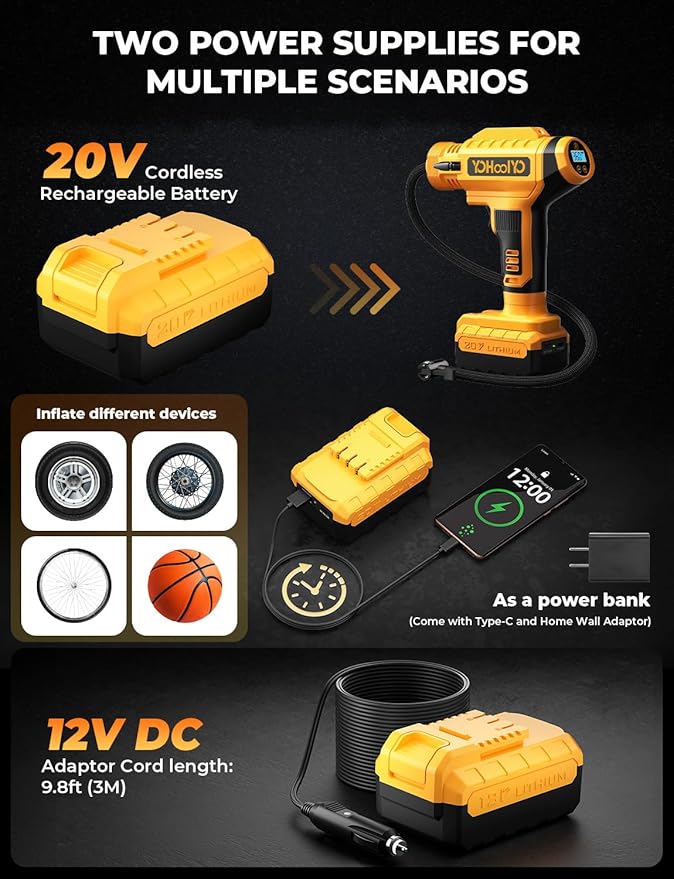 YOHOOLYO Tire Inflator Portable Air Compressor for Cars, 20V Cordless Rechargeable Battery Powered Electric Car Tire Air Pump Digital Pressure Gauge 12V DC Adaptor LED Light Auto Stop, 150PSI Yellow