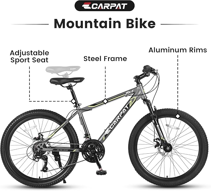 Ecarpat 24/26/27.5 Inch Mountain Bike, Dual/Front Suspension Mens Mountain Bike with 21 Speeds High-Carbon Steel Frame and Disc/V Brakes, Adult Sport Bicycle for Trail Snow Commuter City Road
