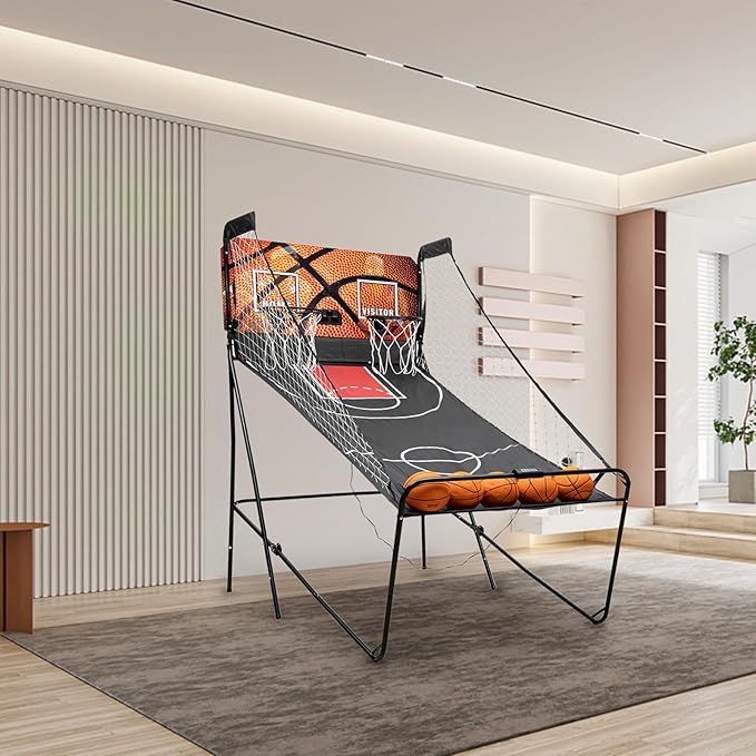 Dual Hoop Basketball Arcade Game, 8 Game Modes Foldable Shot 2Player w/ 5 Balls, Inflation Pump and LED Scoring System, Indoor Basketball for All Players, Home, Playground, Shopping Malls