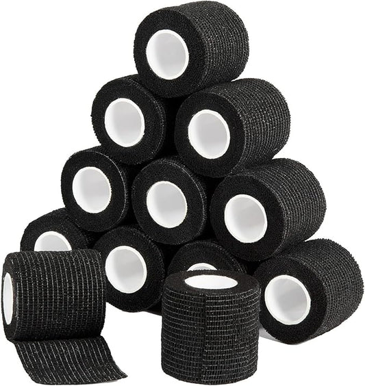 12 Pack Self Adhesive Bandage Wrap 2 Inches x 5 Yards Elastic Bandage Wrap Self Adherent Cohesive Tape Bandages for Wrist Ankle Vet Wrap for Dogs Swelling Sprains Athletic Tape Grip Cover (Black)