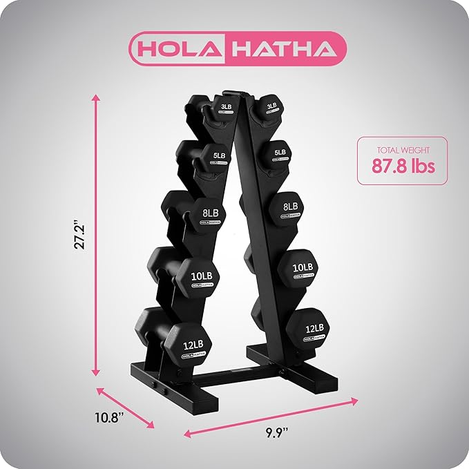 HolaHatha 2, 3, 5, 8, and 10 Pound Neoprene Dumbbell Free Hand Weight Set with Rack, Ideal for Home Exercises to Gain Tone and Definition, Pastel