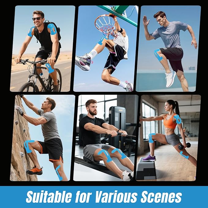Waterproof Kinesiology Tape for Shoulders/Knees, 10 Precut Strips for Knee Pain Relief (Blue), Elastic Strong Adhesive Athletic Tape, Latex-Free Hypoallergenic Sports Tape