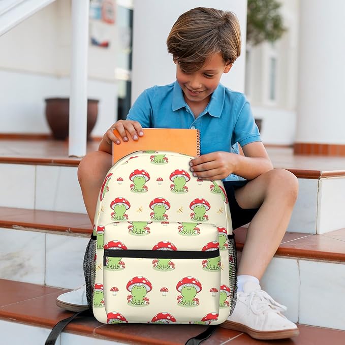 Kawaii Frog Print Backpack for Boys Girls Bookbags Lightweight Adjustable Elementary Middle High School Bags for Kids Children Teenagers Travel Daypack Laptop Hiking Backpacks