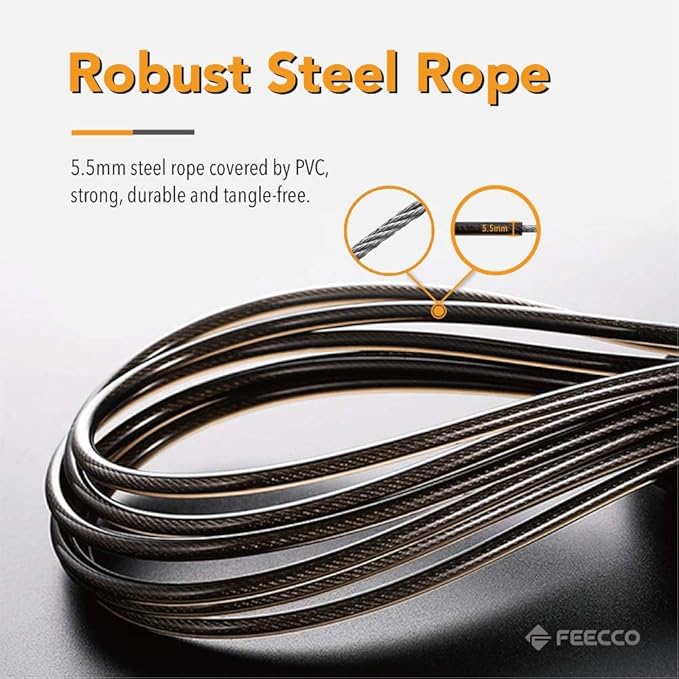 FEECCO 1/2 lb Weighted Jump Rope for Boxing, Cardio, Crossfit Workout, 8~11ft Range Adjustable Length Steel Ropes with Ball Bearings and Metal Handles, Suitable for Men and Women