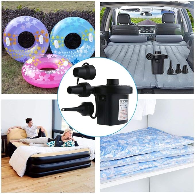 FBve Electric Air Pump, 100-240V AC/12V DC Portable Electric Air Mattress Pump, Quick-Fill Inflator/Deflator with 3 Nozzles for Outdoor Camping, Inflatable Cushions, Air Mattress Beds, Boat