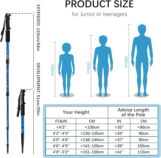 2 Pack Hiking Poles for Junior, Nordic Walking Trekking Pole Hiking Sticks Lightweight Collapsible & Shock-Absorbent Aluminum with Quick Adjustable Locks for Youth & Women