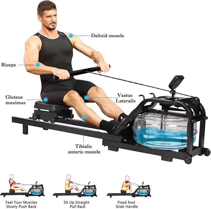 LUCKYERMORE Water Rowing Machine with LCD Monitor for Home/Gym, 265 Lbs Weight Capacity, Adjustable, Space Saving, Mobile, Double Track Indoor Rower Fitness, Black