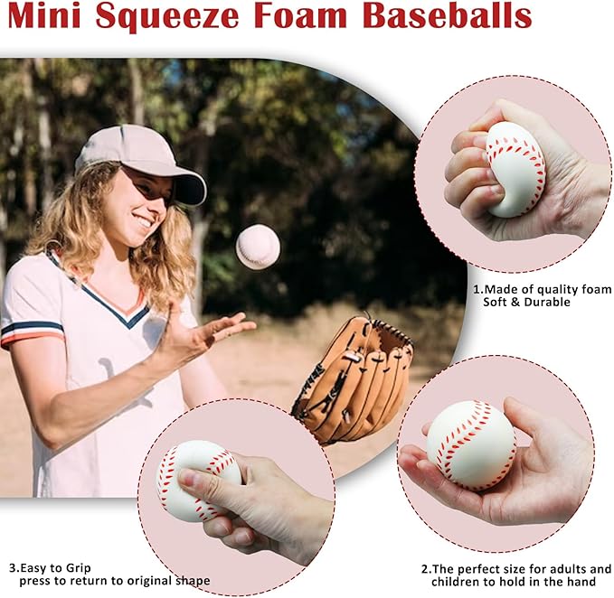 60 Pcs Baseball Stress Ball, 2.5 Inch Mini Squeeze Foam Baseball Bulk, Baseball Squishy Balls for Kids, Relaxable Sports Ball for Themed Party Favors, Decoration, Anxiety Relief