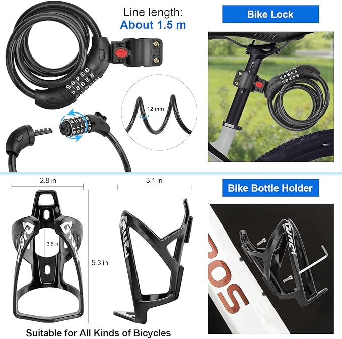8 Pack Bicycle Accessories, Bike Light Set USB Rechargeable, 1 Bike Water Bottle Holder, Bicycle Bag and 1 Bike Aluminum Bicycle Bell,Pump